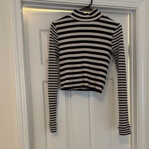 Aerie Striped Black and White Cropped Turtleneck Top